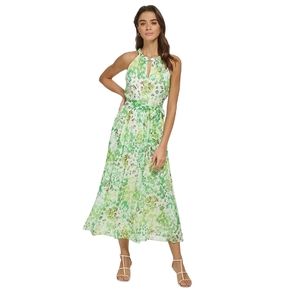DKNY Chiffon Halter Green & White Floral Dress Size 12